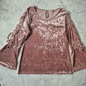Wms Top L/S Pink Crushed Velvet Tie Lace Up Sleeves Romantic Fairy Angelcore L